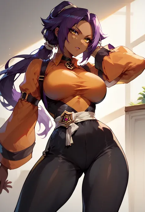 yoruichi shihouin, long hair, yellow eyes, ponytail, purple hair, dark skin, black bodysuit, bodysuit under clothes, orange shirt, long sleeves, large breasts , solo
