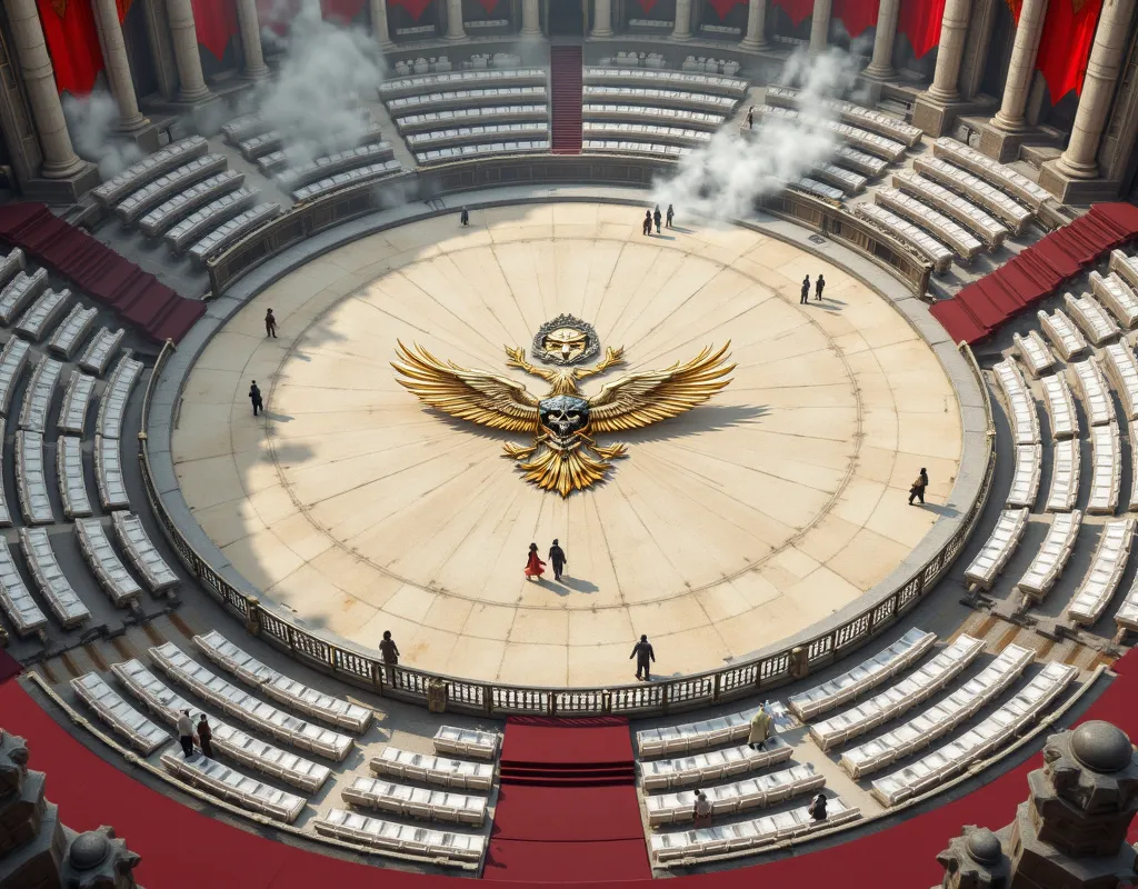 Masterpiece, Best Quality, Super Detail, a empty battle arena like a coloseum, no people just empty seats, but accessoires, luxury arena with grey and white stone,  medieval fantasy baroque demon battle arena, no people just empty seats, but accessoires, l...