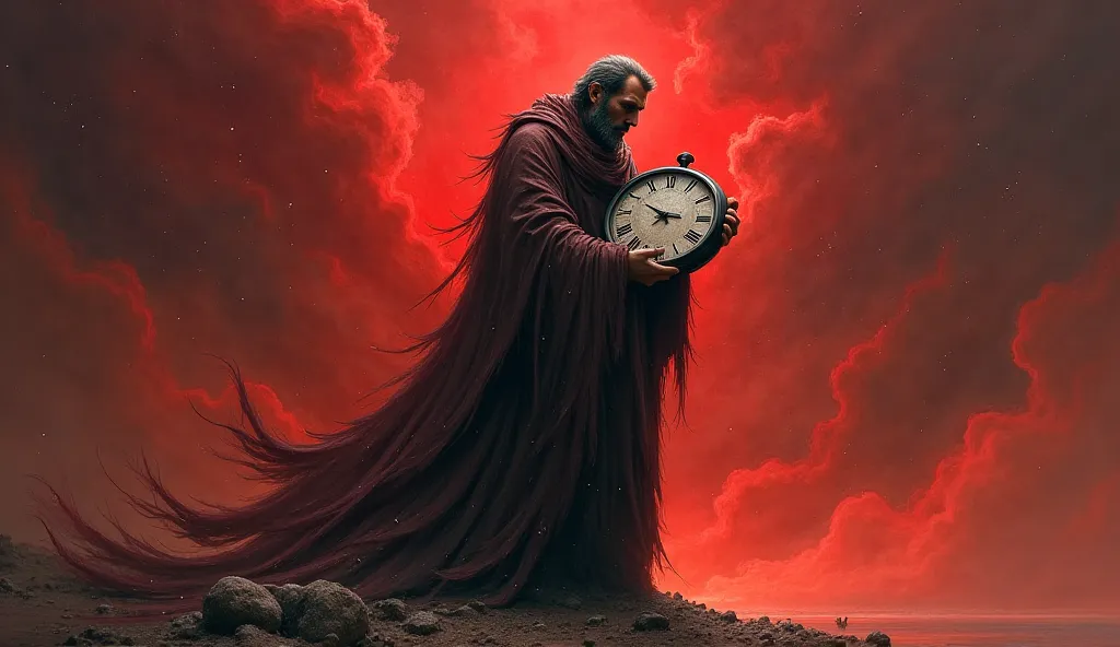 A sad ancient stoic philosopher shouting expressing a great deal of despair, holding a giant shattered clock, In the background effects of space nebulas prevailing the color red 