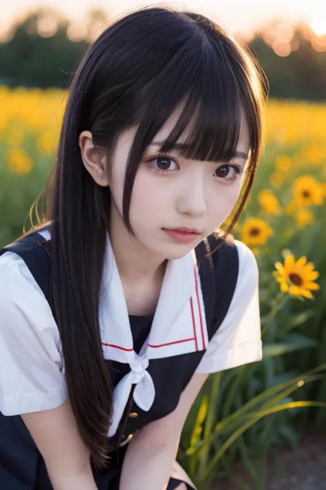 Japanese Women Like Idols  , round face ,bust up , masterpiece, best quality:1.2),8k,Hi-Res,1 girl,Alone,black_hair,length_hair,ribbons,hair_ribbons,hair_ornament,hair_flap,hairclip,red_eye,black_ribbons,chest,black_skirt, fingerless_gloves,pleats_skirt, s...