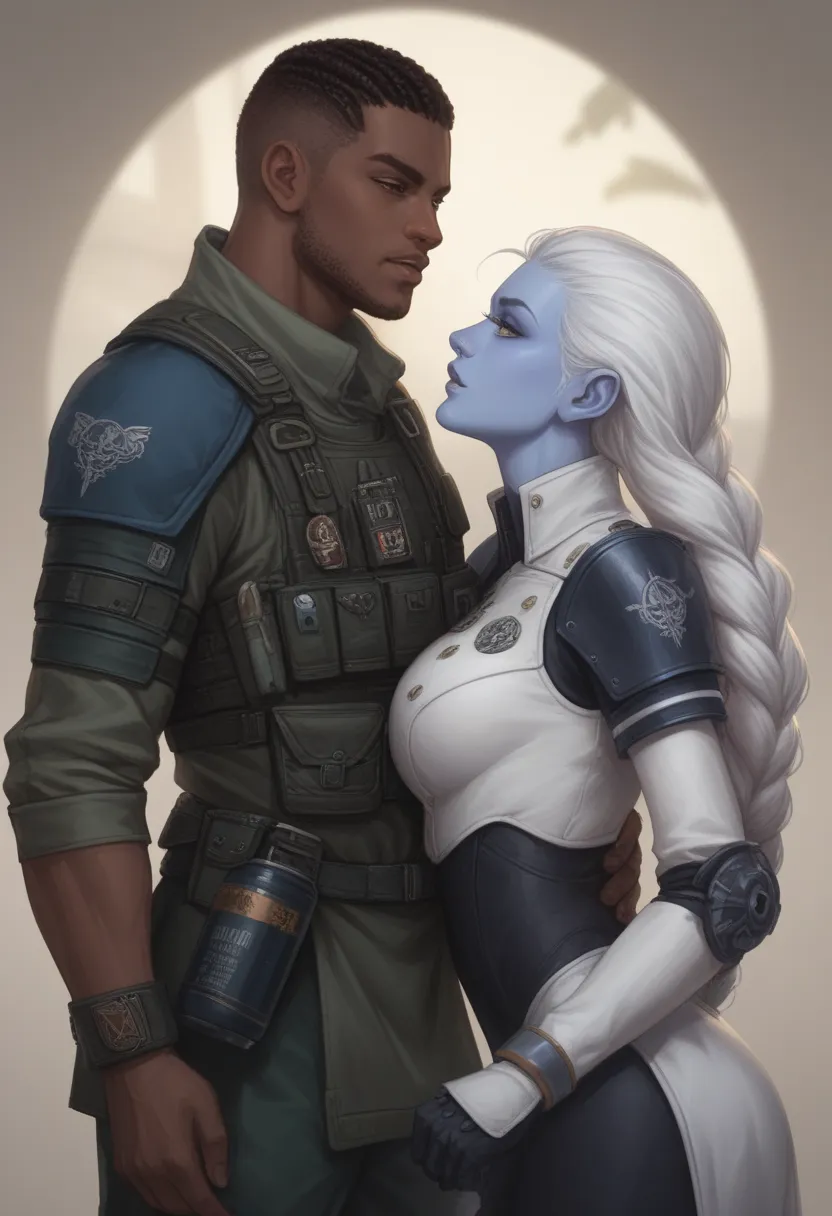 Characteristics of the T'au Girl Race: Alien Tau Warhammer 40k. Skin: Blue, gray, Its skin is dark blue. Height: Approximately 1.80 meters, slender and stylized. Face: Soft and symmetrical features. Large, bright green eyes. Hair: White hair It can be brai...