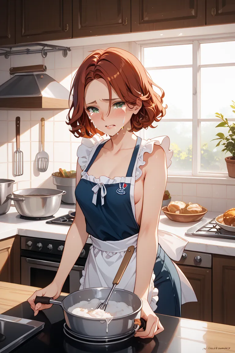 widowed married woman with small breasts crying boku apron