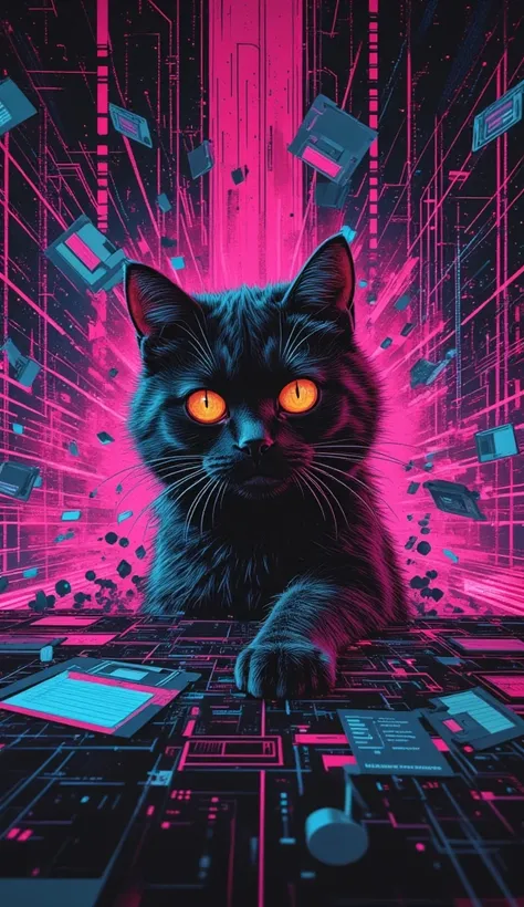 80s-style pixel-art cat breaking through firewall matrix. CRT screen artifacts, floppy disks exploding into synthpop notes. VHS tape distortion overlay, deliberate noise-grain texture, nostalgic cyber rebellion theme."