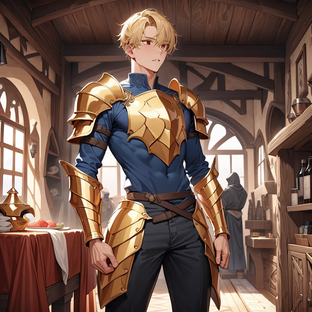 MASTERPIECE, BEST QUALITY, ULTRA DETAILED, HIGH DEFINITION, ILLUSTRATION, HYPER DETAILED, ALONE, (warrior), 1boy, blond, red eyes, wart next to the eye, slim toned. Outfit: black pants, dark blue shirt, golden armor, arm protectors, chest, loins, standing,...