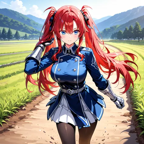 MASTERPIECE, BEST QUALITY, ULTRA DETAILED, HIGH DEFINITION, ILLUSTRATION, HYPER DETAILED, ALONE, 1girl, slim, medium-large breasts, blue eyes, red hair, twintails, long hair, white pleated dress, with black buttons, long sleeves, black tights, silver gaunt...