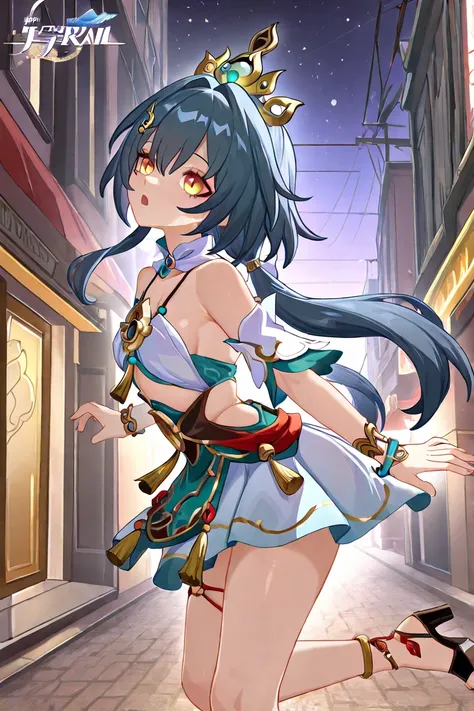 masterpiece, absurdres, amazing quality, best quality, 1girl, Yunli, ((Yunli)), ((Honkai Star Rail)), short blue hair, gold crown, amber eyes, average breasts, slender, suspended by borsin, high quality, street, very aesthetic, ((Honkai Star Rail)), solo