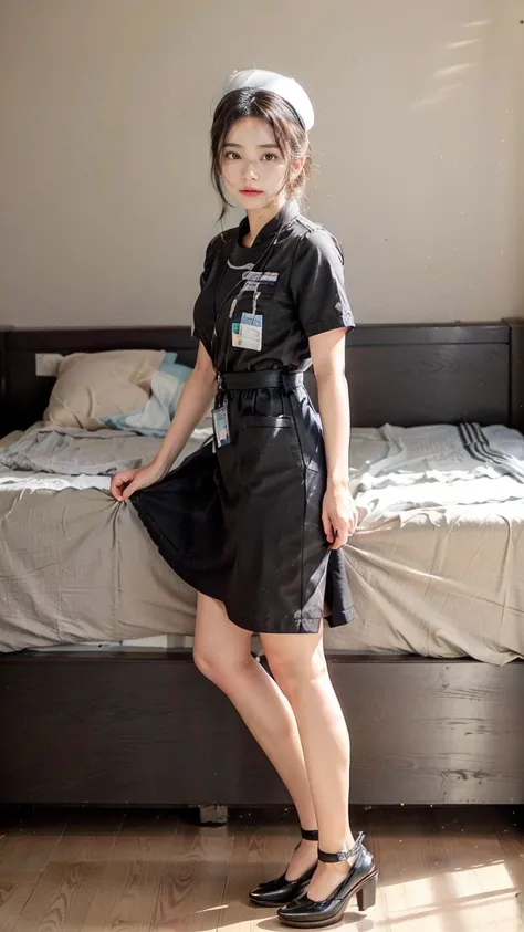 a beautiful young 24-year-old Japanese woman, beautiful, detailed anatomy, beautiful skin, random hair color and hairstyle, big breasts, nurse hat, (nurse uniform:1.3), nurse cap, (she is standing:1.2), full body shot, high heels, hospital, (best quality,8...