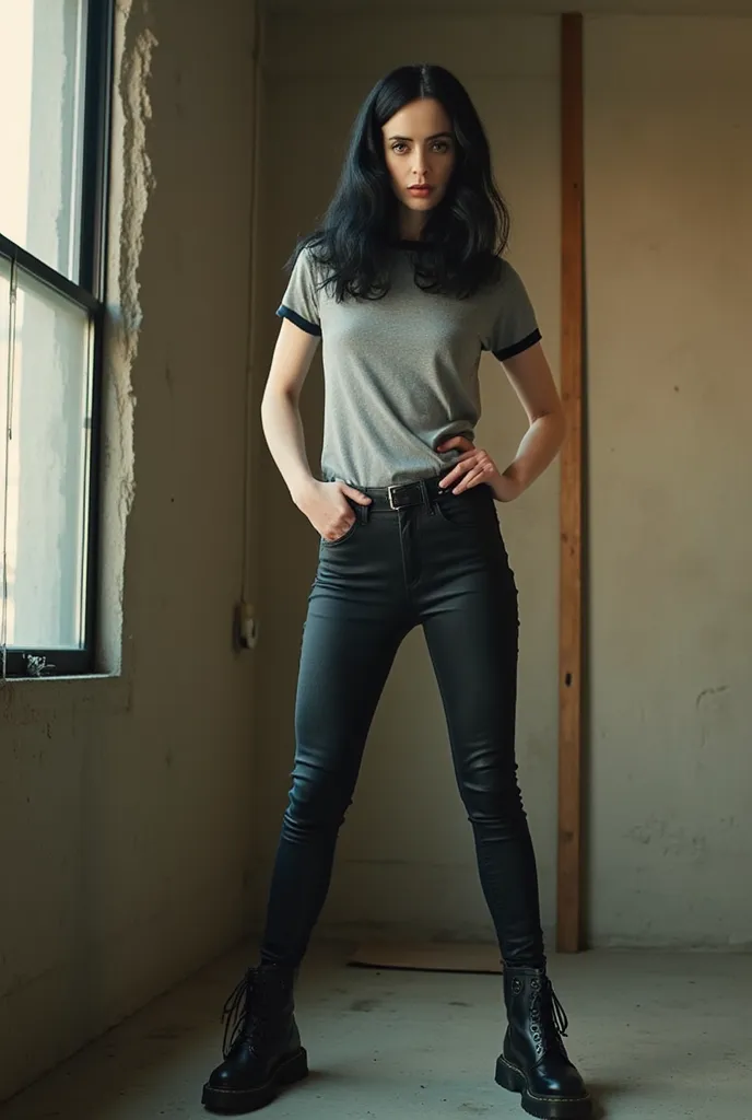 photoshoot, fully body, standing in appartment, 1girl, Krysten Ritter, wearing skinny jeans, (wearing tight jeans), jeans as tight as possible, wearing dr martens, wearing grey ringer t-shirt, posing sexy, domineering expression, low camera angle, high res...