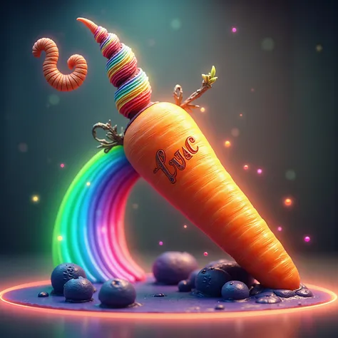 a carrot in 45° angle, rainbow going out from downside, rainbow horn on top, high resolution, inscription "FUC" on the carrot, 8K, intricate details, photorealistic, 8K, high quality, masterpiece, ultra-detailed, physically-based rendering, extreme detail ...