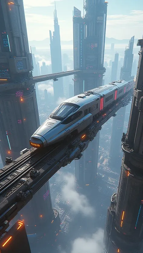 A locomotive that runs through the sky of a futuristic city