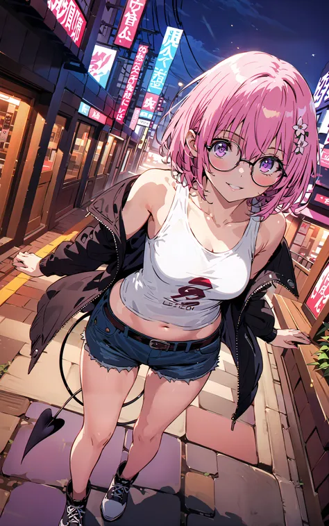 モモデbuildingケ, モモ・デbuildingーク, demon Tail,  Hair Flower, hair ornaments close to the garden, purple eyes, pink hair,  short hair, Medium breast,胸の谷間,Tail,riders jacket,tank top outside of anime,Underbomb,belly button sticking,Bare legs,denim micro shorts,gl...