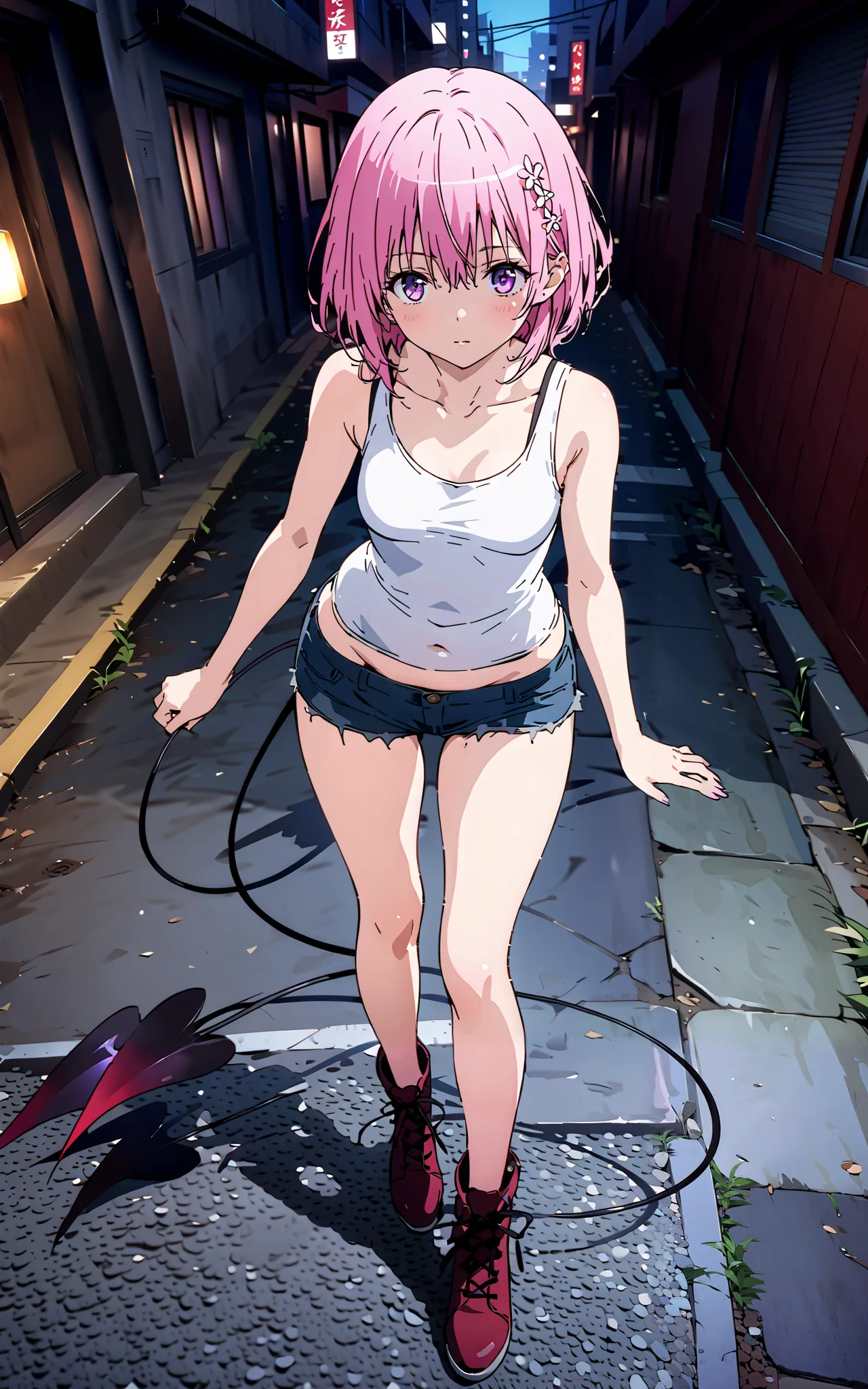 モモデbuildingケ, モモ・デbuildingーク, demon Tail,  Hair Flower, hair ornaments close to the garden, purple eyes, pink hair,  short hair, Medium breast,胸の谷間,Tail,riders jacket,tank top outside of anime,Underbomb,belly button sticking,Bare legs,denim micro shorts,gl...