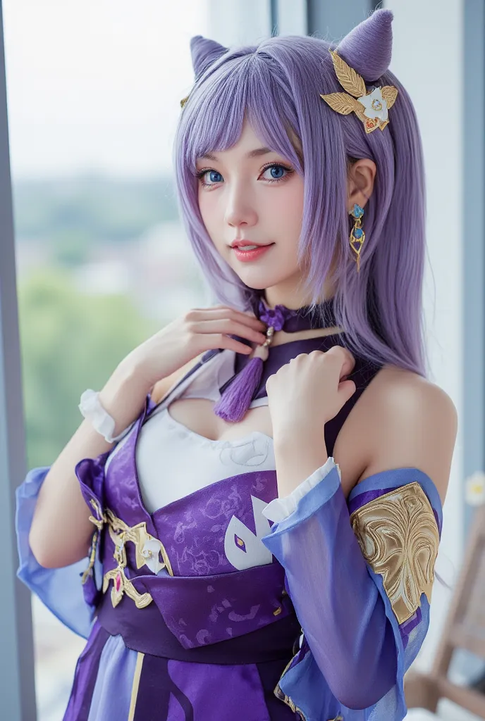 nsfw, a woman in keqing cosplay costume, she is wearing purple dress with detached sleeves and neck tassel, she has purple double cone hair bun twintails with hair ornament, beautiful woman, close upper body shot, fair white skin, perfect body, (huge round...