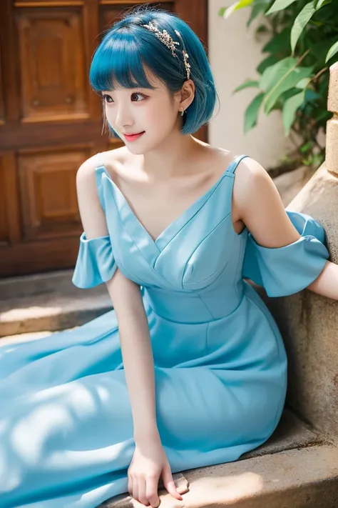 ((best quality)), ((masterpiece)), (detailed), 1 asian girl, 20 year old, medium light blue hair, sitting, Sheath dress