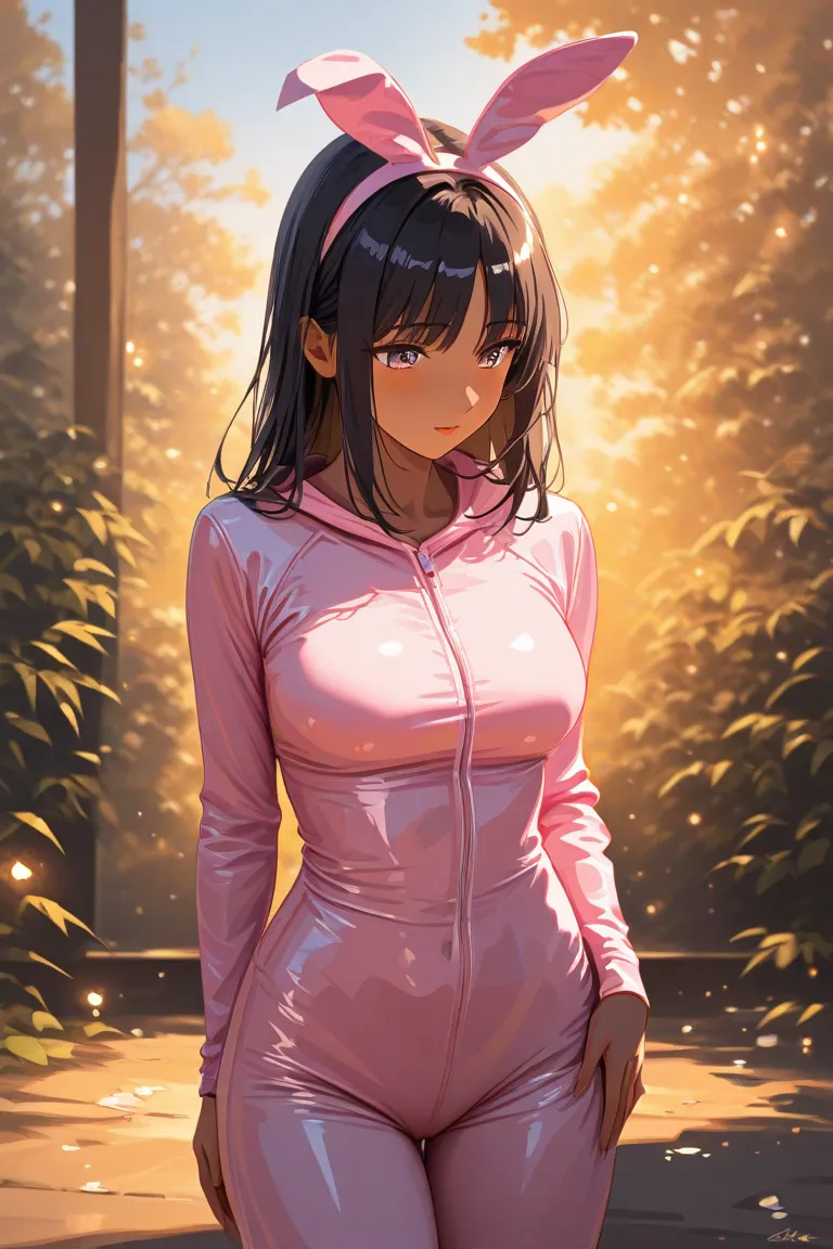 A young woman with dark brown brown skin with long straight black hair. She has a balanced build and a serene look. He has big brown thighs, Wear a tight pink bunny suit