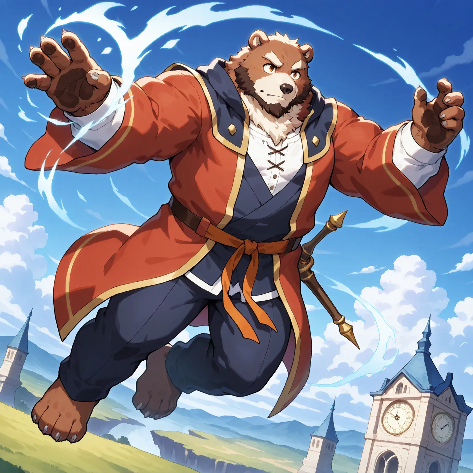 character focus, full body, looking away, dynamic angle, european fantasy, wizard, a muscular middle-aged bear man, heroic costume clothes, robe, shirt, pants, magic stick, casting time magic, clock effect, dynamic pose, BREAK full body in Michelangelo Buo...