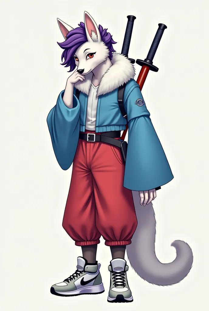 I would like to create someone with white fur sitting with their head resting on their hand with long blue sleeves, two swords on the back, red pants, Nike sneakers with white curly purple hair.