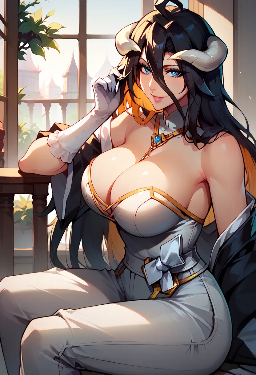 albedo, long hair, black hair, bare shoulders, hair between eyes, large breasts, (white dress:1.2), white gloves, (black feathers:1.2), white horns , looking at viewer , matsumoto rangiku,solo, defran, long hair, orange hair, blue eyes, necklace, black rob...