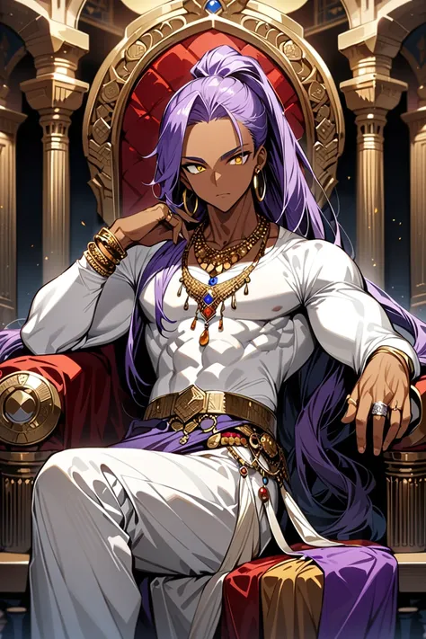 MASTERPIECE, BEST QUALITY, ULTRA DETAILED, HIGH DEFINITION, ILLUSTRATION, INTRICATE DETAILS, HYPER DETAILED, 1man, tanned skin and muscular build, golden eyes, very long hair, purple hair tied in a ponytail. Indian attire, loose white pants, golden belt, w...