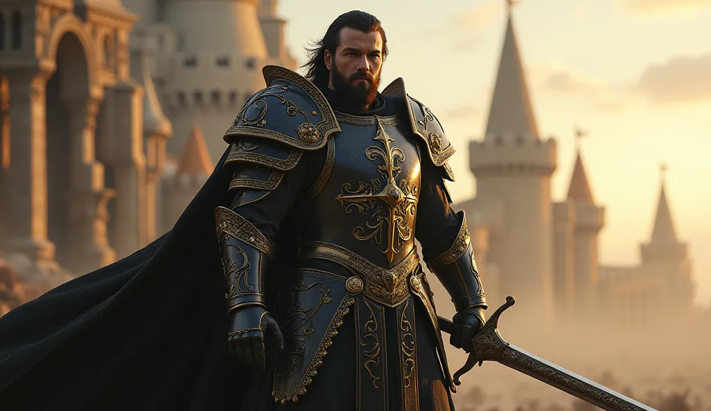 1 man, holding a large sword, Fantasy armor, large pauldrons, paladin, imposing, heroic pose, Large man, Muscular, shoulder-length black hair and short beard,  dynamic battle pose , masterpiece,  Ultra detailed, 8K portrait, RAW photo, man's portrait photo...