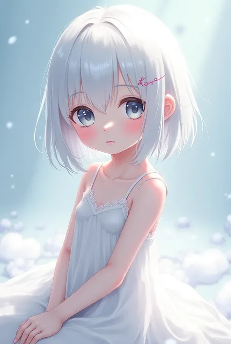 A little anime girl has white hair, white eyebrows, white eyelashes, gray eyes, pale and white skin and wears nightwear without sleeves 