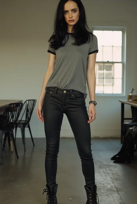 photoshoot, fully body, standing in appartment, 1girl, Krysten Ritter, wearing skinny jeans, (wearing tight jeans), jeans as tight as possible, wearing dr martens, wearing grey ringer t-shirt, posing sexy, domineering expression, low camera angle, high res...