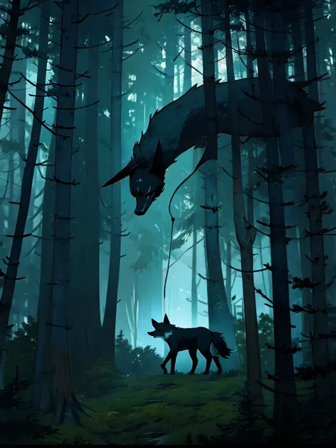 Black-haired fox in a misty forest epic moment