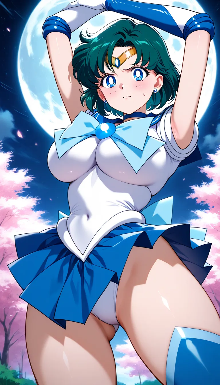 masterpiece,  best quality , alone, sailor mercury　fully wearing clothes　 big breasts　 No.　 Action Pose 　  serious expression　 night 　 night 空　  full moon