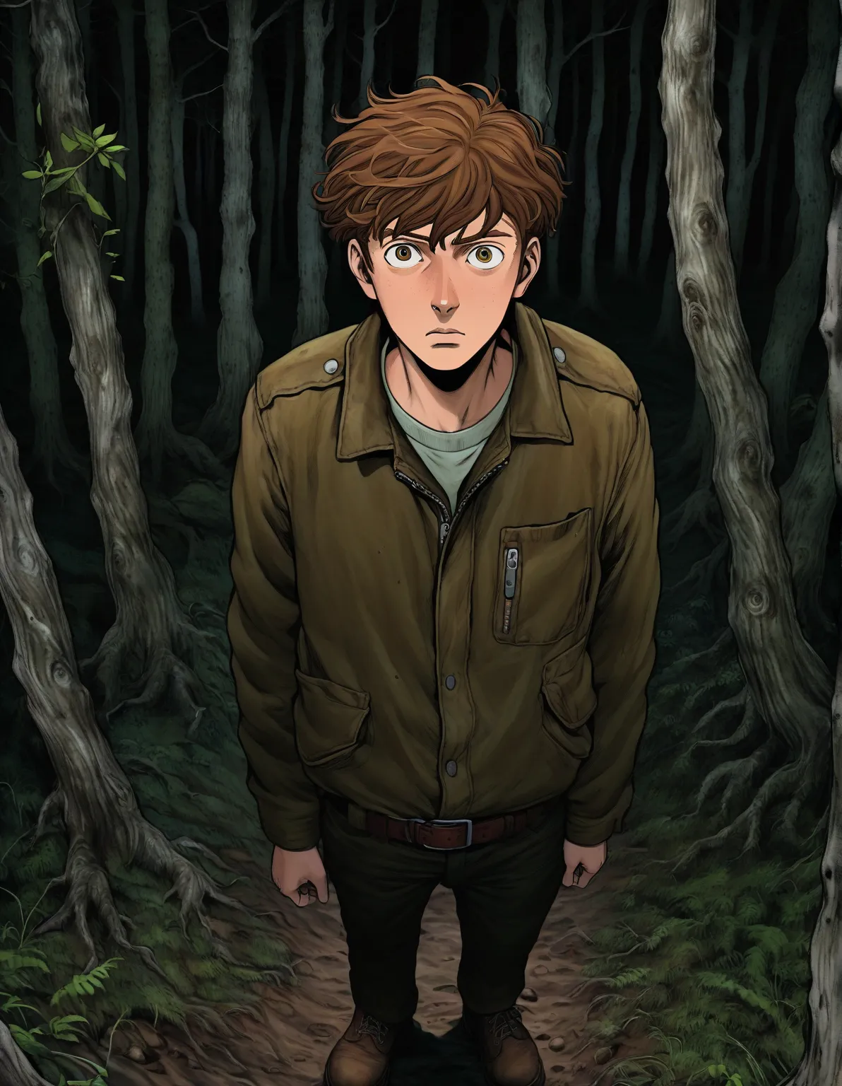 "In the deep darkness of a twisted, surreal forest, a man stands alone, trapped in an oppressive atmosphere filled with tension. His chestnut-colored hair is slightly disheveled, and his face shows a restrained expression of anguish, his wide eyes reflecti...