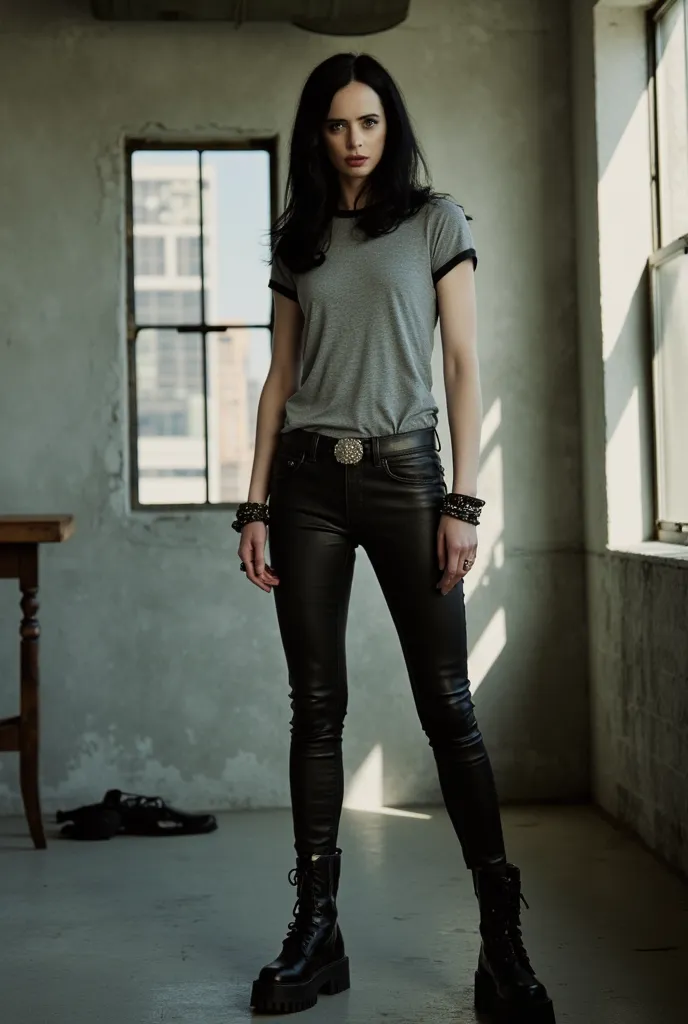 photoshoot, fully body, standing in appartment, 1girl, Krysten Ritter, wearing skinny jeans, (wearing tight jeans), jeans as tight as possible, wearing dr martens, wearing grey ringer t-shirt, posing sexy, domineering expression, low camera angle, high res...