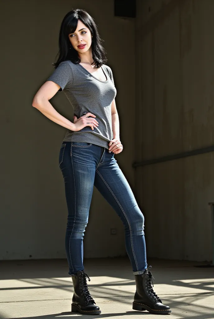 photoshoot, fully body, standing in appartment, 1girl, Krysten Ritter, wearing skinny jeans, (wearing tight jeans), jeans as tight as possible, wearing dr martens, wearing grey ringer t-shirt, posing sexy, domineering expression, low camera angle, high res...