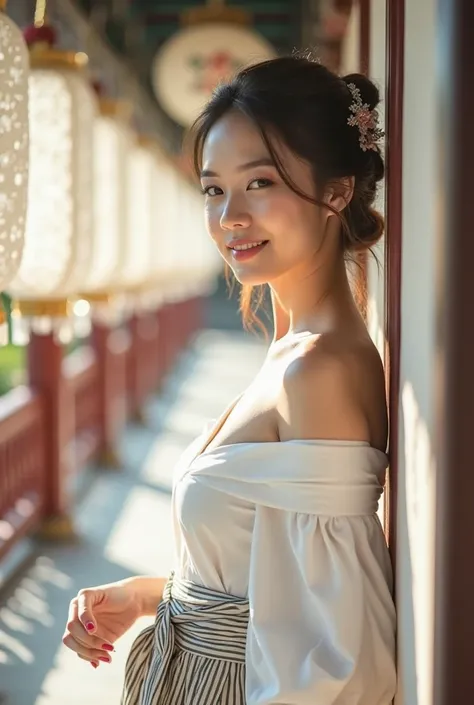 ** The lighting is soft and natural, likely from sunlight, creating a warm and gentle ambiance. The light highlights the model’s features and casts soft shadows, suggesting it might be taken during the golden hour

. **Model's Posture:** The model is posit...