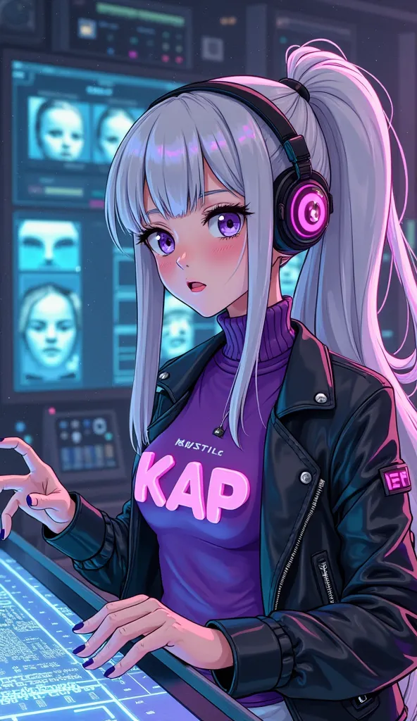 dancing,  8K Ultra HD.  A scene in the retro futuristic anime style of the 70s /80, surrounded by holographic screens and energized cables. She wears her classic look: long white hair with purple highlights and ponytail, black and purple headphones, a purp...