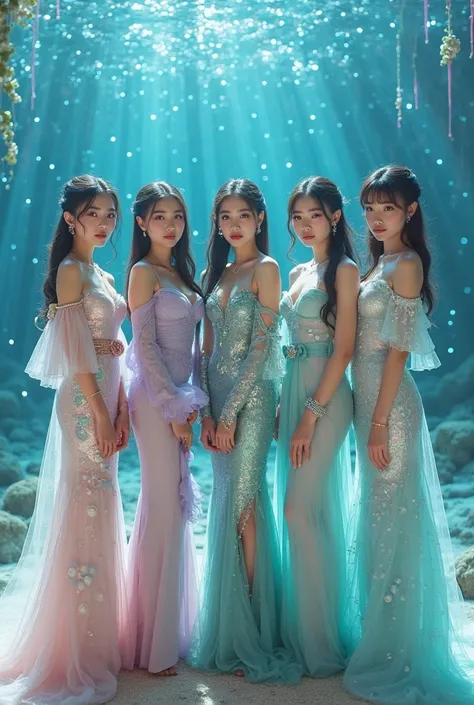 Create an image of the five SPHERE members dressed in unique, elegant award show outfits inspired by a dreamy mermaid and underwater fantasy concept. Each member should have a distinct style while maintaining a cohesive theme. Their makeup should be light,...