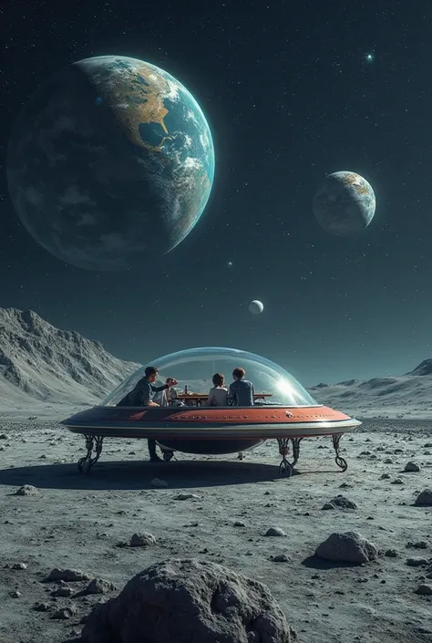 Create an image of a spacecraft called a UFO that once landed on the moon, but the plane was not damaged with 2-3 people sitting at a table, and when looking from the moon to Earth and can see other planets beautifully.