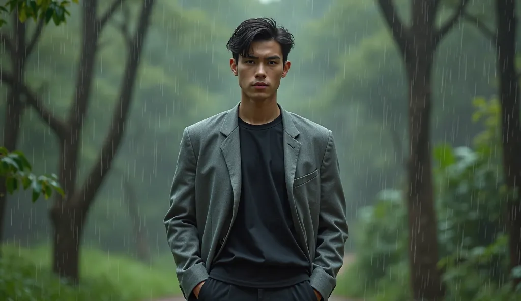 8k ultra HD realistic.A good looking young man of good skin wearing an ash suit black t shirt black pants he stares forward with a serious expression background of rain grass trees