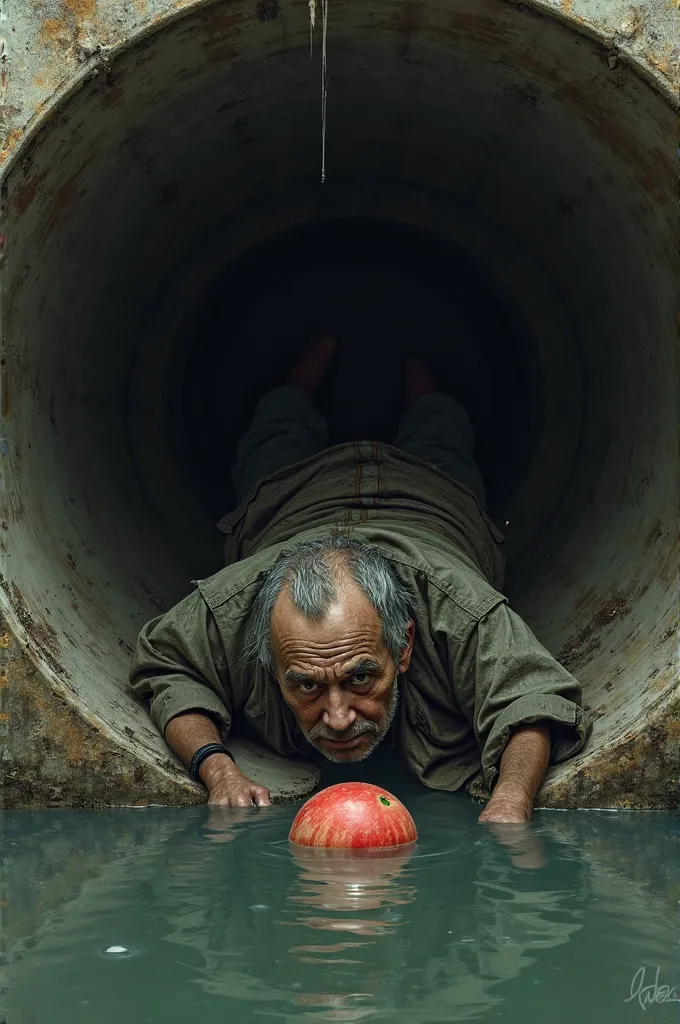 A ragged man inside a circular pipe and a sewer drain, Lying down, And a watermelon at the mouth of the sewer floating in the water.