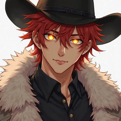 A man with a lean build, with well-defined features and a smooth, toned torso. His striking fiery red hair is slightly unkempt, with layered strands framing his sharp face. His glowing golden eyes radiate intensity, adding an almost supernatural presence. ...