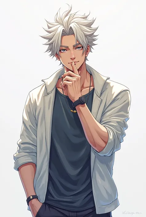 Full-body anime man character in a thinking pose: a contemplative expression with one hand PONTING AT FRONT, spiky hair, wearing futuristic yet casual attire. Rendered in detailed, crisp line art with dynamic shading, dramatic lighting, and a soft, minimal...