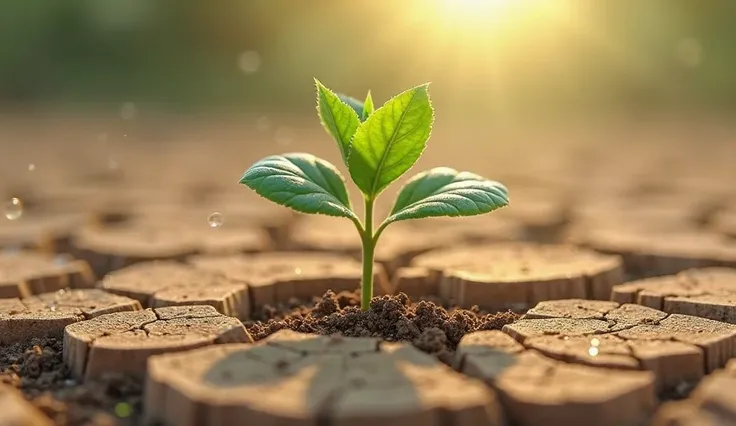 A small green plant sprouting through dry, cracked ground, symbolizing new beginnings after hardship.

