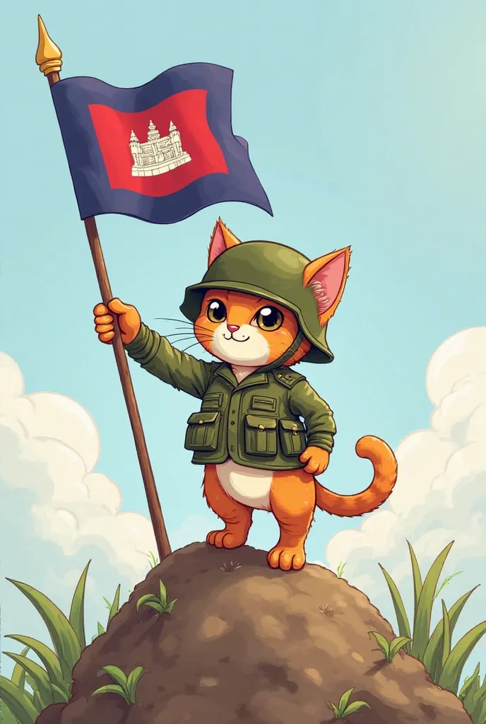 While I can't create images, I can help you visualize or describe the scene! Imagine an illustrated cat wearing a tiny military helmet, proudly holding the Cambodian flag in one paw. The flag flutters in the breeze as the cat stands heroically atop a small...