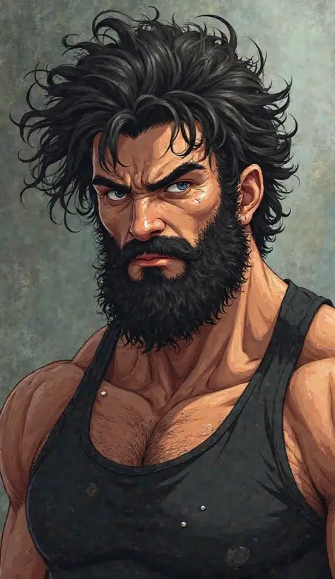 A hyper-detailed anime-style portrait of a rugged, muscular man with a wild, voluminous mane of dark wavy hair, his thick beard framing his face with intricate detailing. His intense expression shows slight discomfort or contemplation, with subtle sweat be...