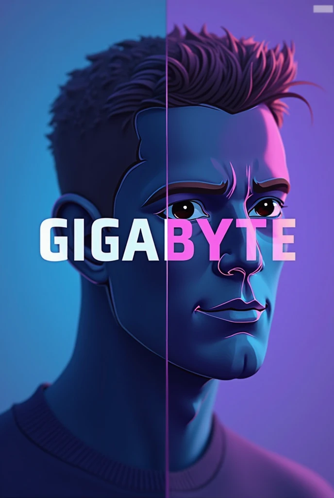 Programmer icon called Gigabyte colors blue purple and intermediate striking minimalist incomplete face logo that says gigabye that the face is crossed by the name simple line