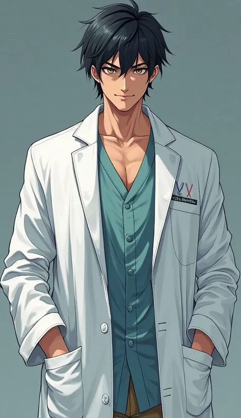 create a full-length anime-style character.  The guy with black hair,  in a medical gown, stands and smirks, his hands in his bathrobe in his pockets. он врач  in a medical gown