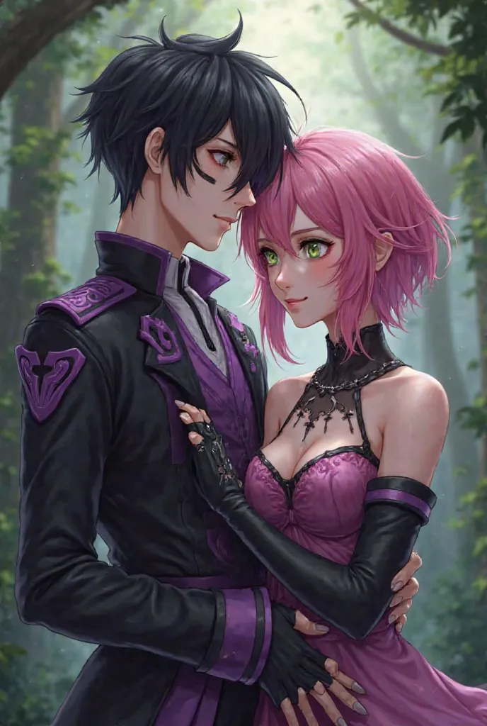 Realistic; Aphelios (league of legends); male, black jacket with purple details; black hair; short hair, half moon facial mark over the right eye, black eyes; couple; Realistic; Annie mei; female; dress; pink hair; short hair; green eyes; smiling; forest b...