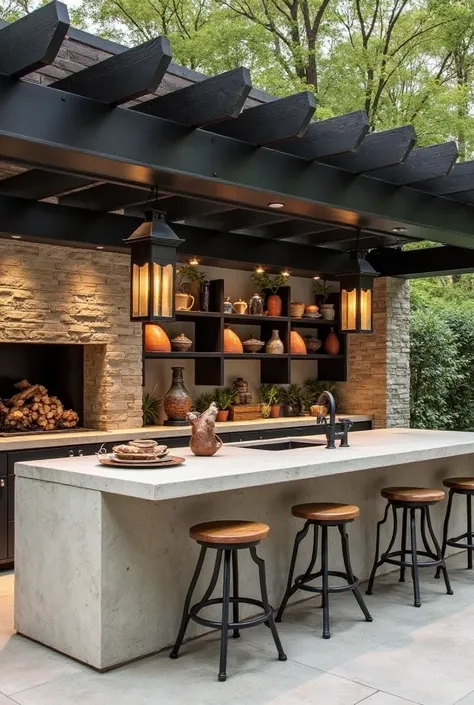 "An elegant outdoor kitchen with a modern rustic aesthetic, featuring a stone island with a smooth light-colored countertop. The island extends into a bar area with four black metal barstools that have wooden seats. The kitchen is set against a textured st...