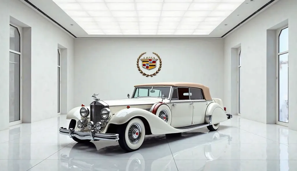 A full attractive HD picture of 1900s Cadillac Fleetwood Brougham white colour with the logo on the Back wall and standing in the white luxurious showroom showroom. A car with the front view in the showroom