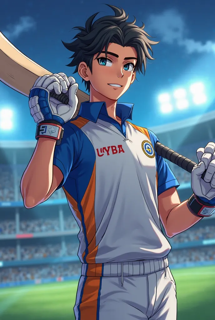 A young male anime character with an athletic build, inspired by Indian cricketer Abhishek Sharma. He has short, stylish black hair, sharp expressive eyes, and a confident smile. Dressed in a modern cricket uniform with blue and orange accents, holding a b...