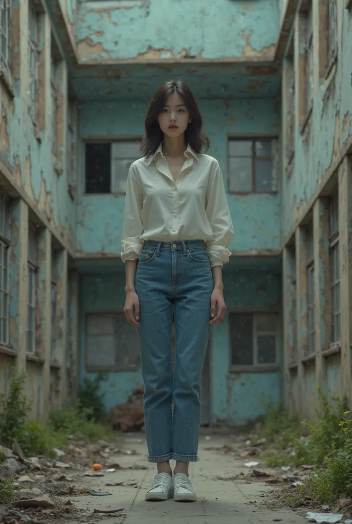 Picture a beautiful tall, skinny Korean woman wearing jeans, a patient suit top, and white sneakers and forced to go to a dirty psychiatric hospital