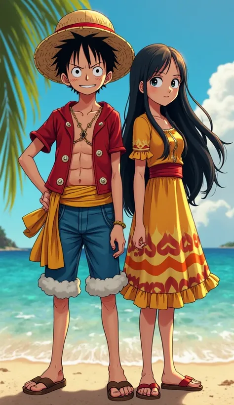 Monkey D. Luffy et Boa Hancock de One Piece, représentés enfants. Le garçon a un sourire espiègle, des cheveux noirs ébouriffés et porte un chapeau de paille avec une tenue simple de pirate. La fille a une posture élégante et fière, avec de longs cheveux n...